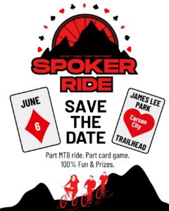 white image with poker cards and mountain bikers riding